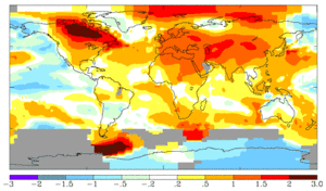 Figure 2:  In 1999, most parts of the world were warmer than normal. The illustration in Figure 2 describes the annual temperature deviation (from the base period 1950-1980) in degrees Celsius for the Earth's surface. The illustration indicates that it was particularly warm across most of North America, northern Africa, and most of Eurasia. The tropical Pacific Ocean was cool due to a strong <a href=%27/w/indexfa2c.html?title=El_Ni%C3%B1o,_La_Ni%C3%B1a_and_the_southern_oscillation&action=edit&redlink=1' class='new' title='El Niño, La Niña and the southern oscillation (page does not exist)'>La Niña</a>. (Source: <a href=%27http_/www.giss.nasa.gov/%27.html class='external text' title='http://www.giss.nasa.gov/' rel='nofollow'>NASA Goddard Institute for Space Studies</a> - <a href=%27http_/data.giss.nasa.gov/gistemp/%27.html class='external text' title='http://data.giss.nasa.gov/gistemp/' rel='nofollow'>Global Temperature Trends</a>).