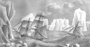Brig Jane, & Cutter Beaufoy, in latitude 68° South, pafsing to the Southward through a chain of Ice Islands. Feb.y 1823. From Weddell's book
