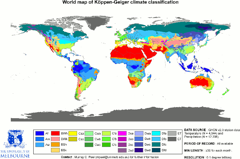 Figure 1. Global distribution of Köppen climate classification system types. (Image Copyright: Murray C. Peel. This image is licensed under the Creative Commons Attribution-Share Alike 3.0 Unported license.)