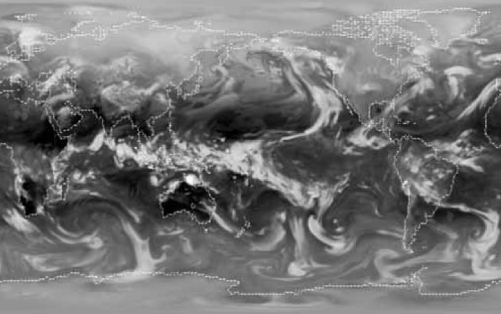 Figure 2.4. A Snapshot in Time of Infrared Radiation Escaping to Space in a Version of Atmospheric Model AM2 Constructed at NOAA’s Geophysical Fluid Dynamics Laboratory (GFDL 2004). The largest amount of energy emitted is in the darkest areas, and the least is in the brightest areas. This version of the atmospheric model has higher resolution than that used for simulations in the CMIP3 archive (50 km rather than 200 km), but, other than resolution, it uses the same numerical algorithm. The resolution is typical in many current studies with atmosphere-only simulations.