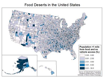 This map depicts food deserts in the United States by county as reported by the USDA in 2010    
