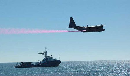A 2006 oil-dispersant-spraying test run by the Air Force Reserve Command’s 910th Airlift Wing, currently deployed to the Gulf to support the oil spill recovery effort. Credit: U.S. Air Force