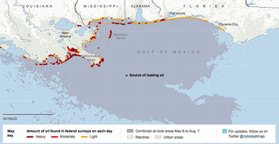An August 7, 2010 map that shows the amount of oil on the coastline as reported each day by the federal government based on information from air and ground surveys. For the first month of the spill, the oil stayed mostly in the gulf. But in the last week of May, waves of oil began washing into Louisiana’s fragile wetlands and beaches. In June, oil landings began to be reported more frequently in the states to the east. Source: New York Times