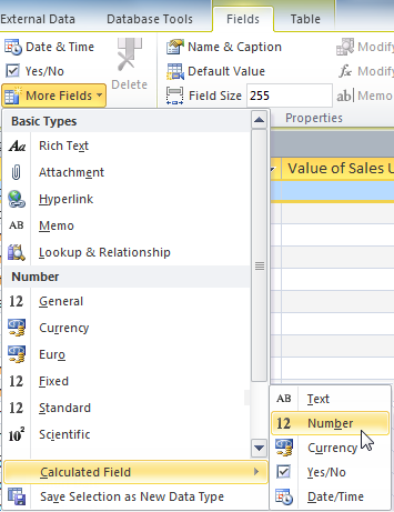 Selecting the calculated field type