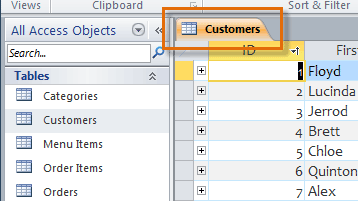 The newly opened object in the document tabs bar