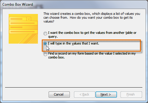 Data source options in the Combo Box Wizard dialog box