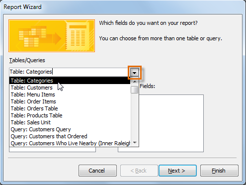Selecting a table that contains fields to include in the report