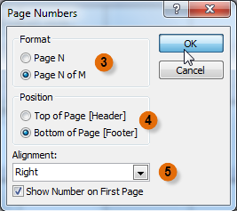 Selecting page number settings in the Page Numbers dialog box