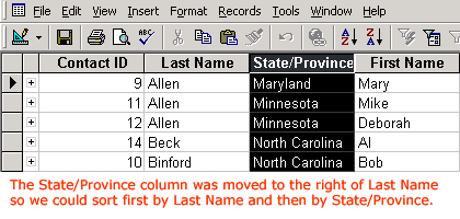 Column To Be Included in Sort Moved to New Position