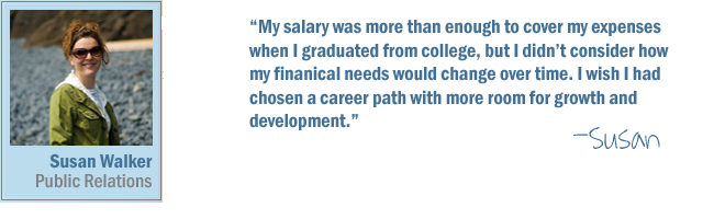 My salary was more than enough to cover my expenses when I graduated from college, but I didn't consider how my financial needs would change over time. I wish I had chosen a career path with more room for growth and development.-Susan