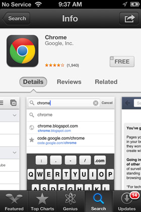 Screenshot of Chrome for iPhone