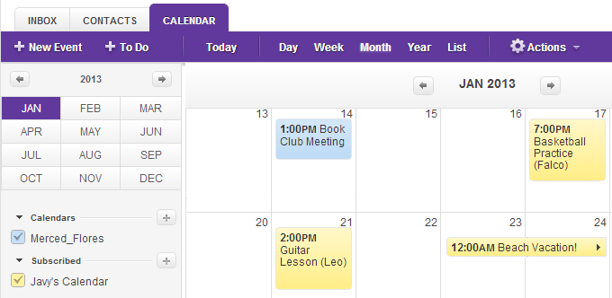 Screenshot of Yahoo! Calendar