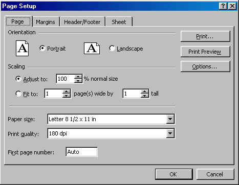 Page Setup Dialog Box