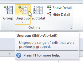 Ungrouping the selected cells