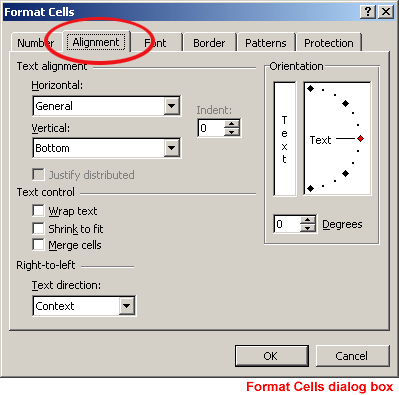 Alignment Tab on the Format Cells Dialog Box