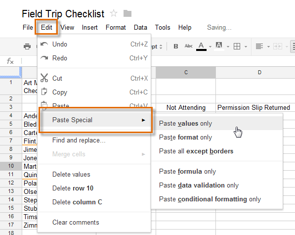 Screenshot of Google Spreadsheets