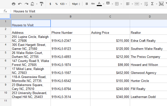 Screenshot of Google Spreadsheets