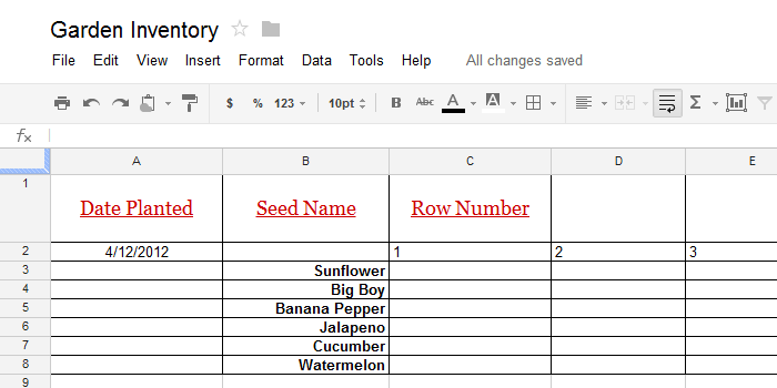 Screenshot of Google Spreadsheets