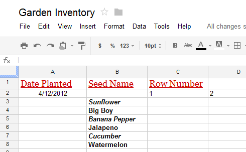 Screenshot of Google Spreadsheets