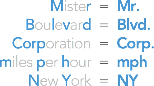 Mister = Mr. / Boulevard = Blvd. / corporation = corp. / miles per hour = mph / New York = NY