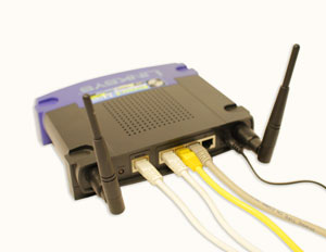 A router with Ethernet cables attached