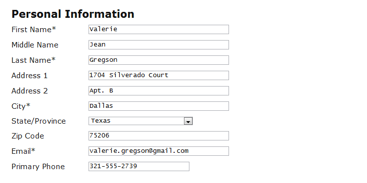 screenshot of form with personal info