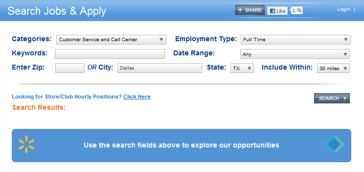 screenshot of job search page