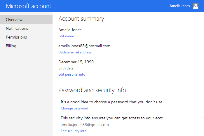 Screenshot of Microsoft Account 