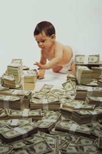 baby crawling among piles of money