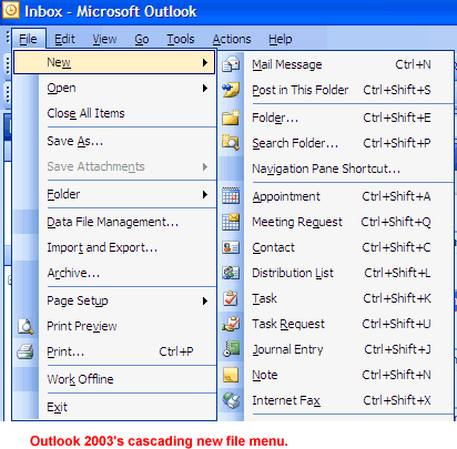 Outlook 2003's cascading new file menu