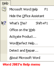 Word 2003's Help menu