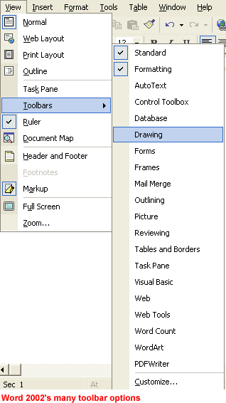 Word 2002's many toolbar options