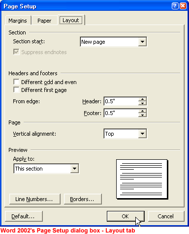 Word 2002's Page Setup dialog box - Layout tab