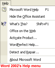 Word 2002's Help menu