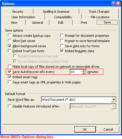 Word 2002's Options dialog box - Save tab