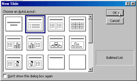 New Slide Dialog Box. Bulleted List Layout Selected