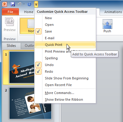 Adding a command to the Quick Access toolbar