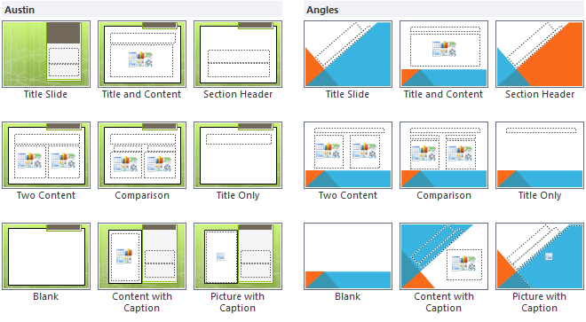 Austin Theme and Angles Theme slide layouts