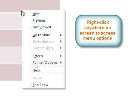 Right-clicking to access slide show menu options