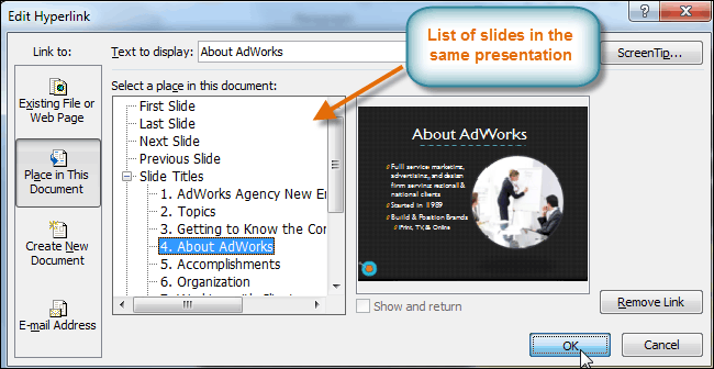 Selecting a slide to link to