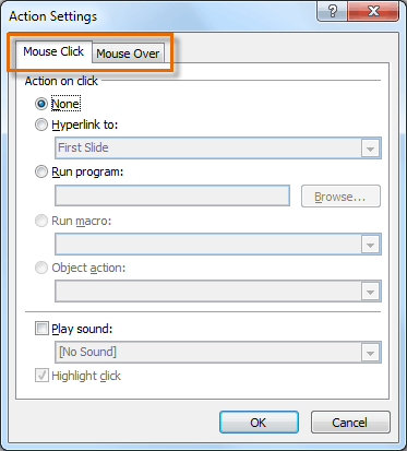 The Action Settings dialog box