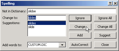 Spelling dialog box with Change selected