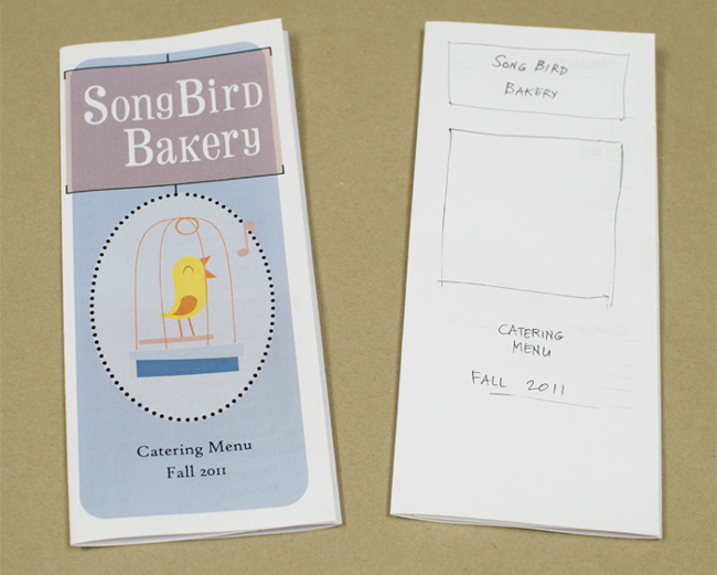 A finished brochure and the initial mocked-up design