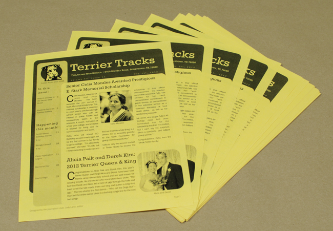 A newsletter printed in grayscale on colored paper