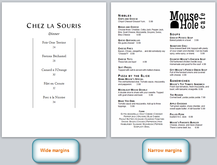 Menus with different sized margins