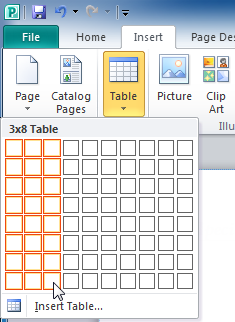 Selecting the number of columns and rows in the new table