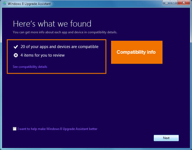 Screenshot of Windows 8 Upgrade Assistant