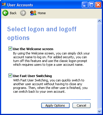 User Account  window - Select log on and log off options