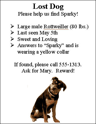 Lost dog flyer with clip art of Rottweiler.