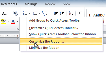 Clicking Customize the Ribbon